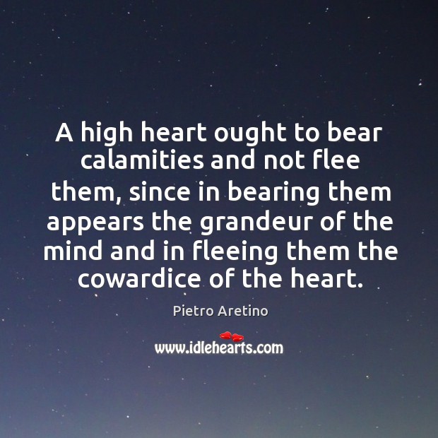 A high heart ought to bear calamities and not flee them Pietro Aretino Picture Quote