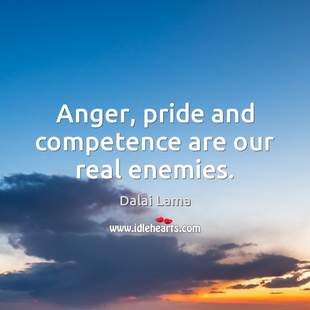 Anger, pride and competence are our real enemies. Dalai Lama Picture Quote