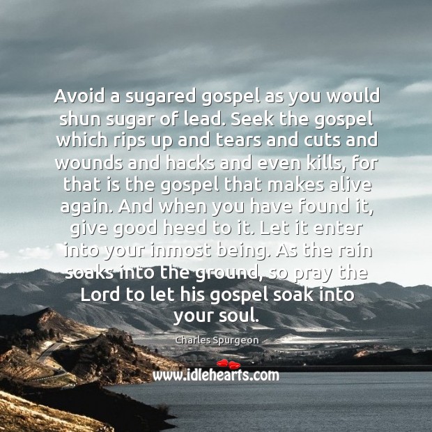 Avoid a sugared gospel as you would shun sugar of lead. Seek Charles Spurgeon Picture Quote