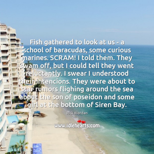 Fish gathered to look at us – a school of baracudas, some Rick Riordan Picture Quote