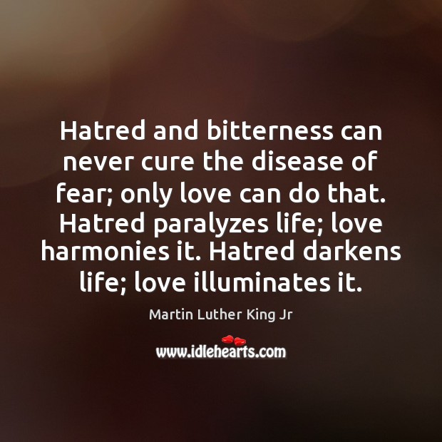 Hatred and bitterness can never cure the disease of fear; only love Image