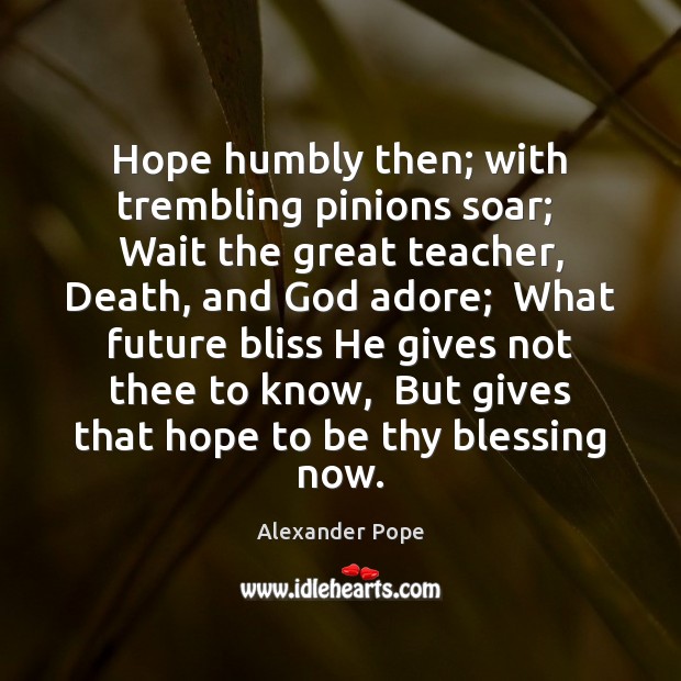 Hope humbly then; with trembling pinions soar;  Wait the great teacher, Death, Alexander Pope Picture Quote