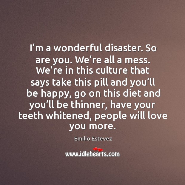 I’m a wonderful disaster. So are you. We’re all a mess. Emilio Estevez Picture Quote