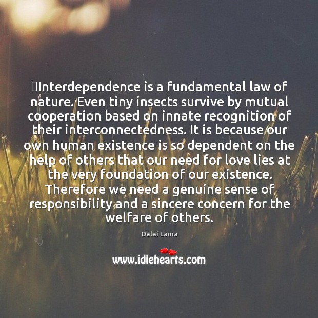 ‎Interdependence is a fundamental law of nature. Even tiny insects survive by Nature Quotes Image