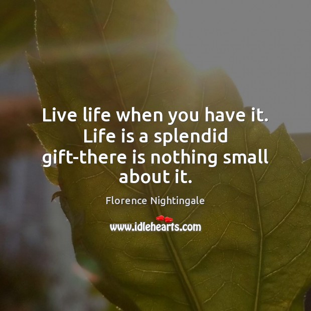 Live life when you have it. Life is a splendid gift-there is nothing small about it. Gift Quotes Image