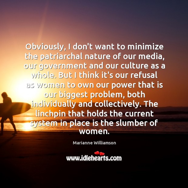 Obviously, I don’t want to minimize the patriarchal nature of our media, Marianne Williamson Picture Quote