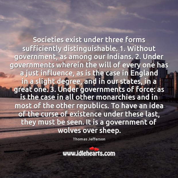 Societies exist under three forms sufficiently distinguishable. 1. Without government, as among our Thomas Jefferson Picture Quote