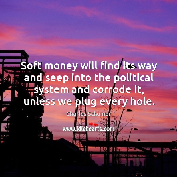 Soft money will find its way and seep into the political system and corrode it, unless we plug every hole. Charles Schumer Picture Quote