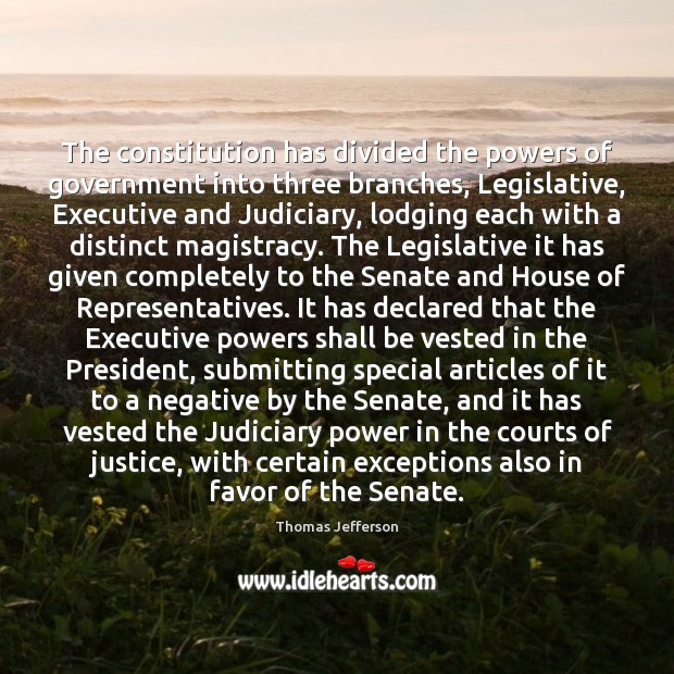 The constitution has divided the powers of government into three branches, Legislative, Thomas Jefferson Picture Quote