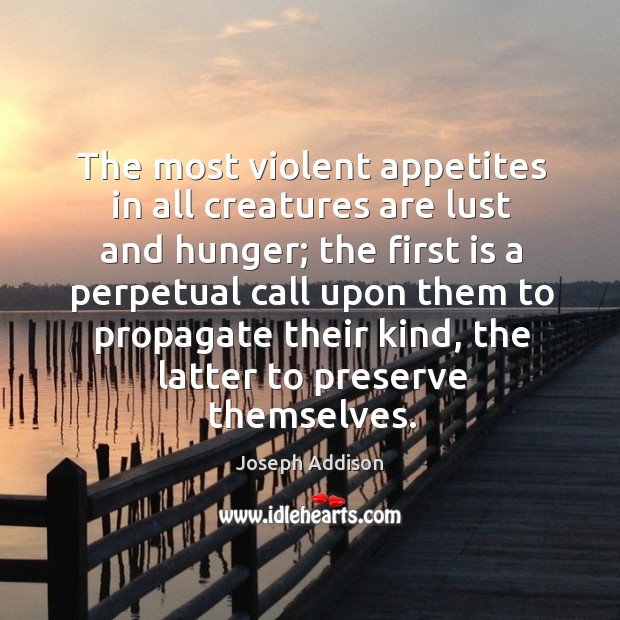 The most violent appetites in all creatures are lust and hunger; the first is a perpetual Joseph Addison Picture Quote