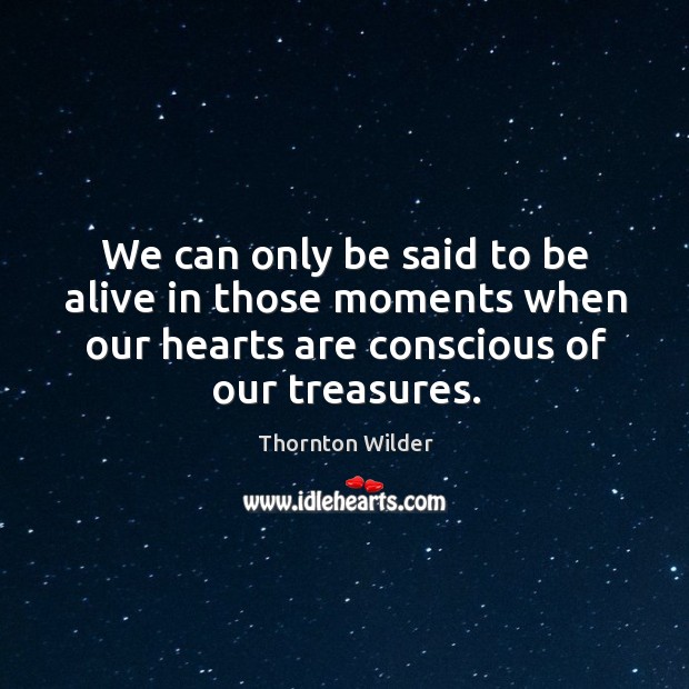 We can only be said to be alive in those moments when our hearts are conscious of our treasures. Thornton Wilder Picture Quote