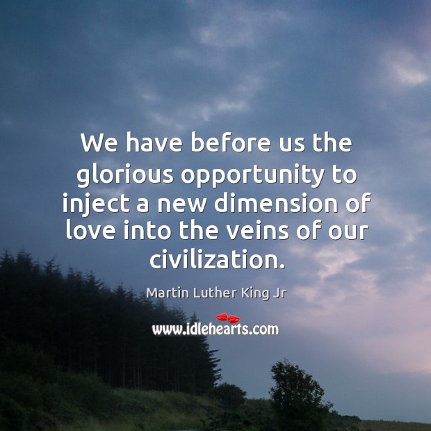 We have before us the glorious opportunity to inject a new dimension of love into the veins of our civilization. Martin Luther King Jr Picture Quote