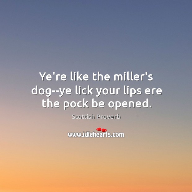 Ye’re like the miller’s dog–ye lick your lips ere the pock be opened. Scottish Proverbs Image