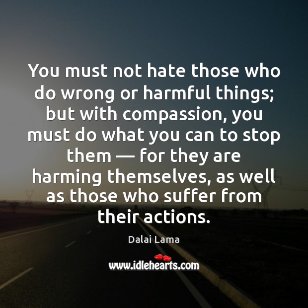 You must not hate those who do wrong or harmful things; but Dalai Lama Picture Quote